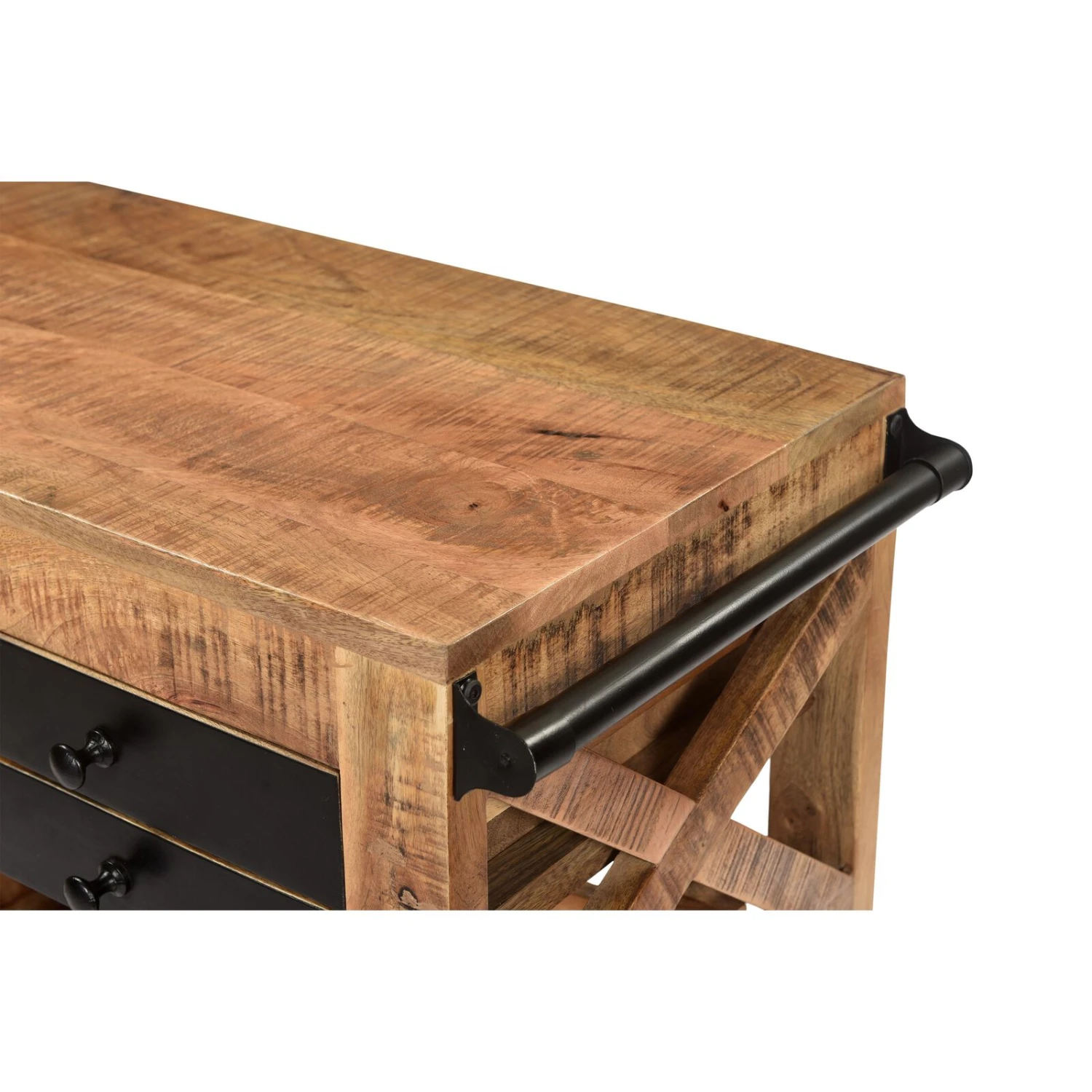 31 Inch Handcrafted Rustic Mango Wood Bar Cart Trolly With 3 Drawers And 6 Wine Bottle Holders-Benzara 7 31 Inch Handcrafted Rustic Mango Wood Bar Cart Trolly With 3 Drawers And 6 Wine Bottle Holders-Benzara - Image 5