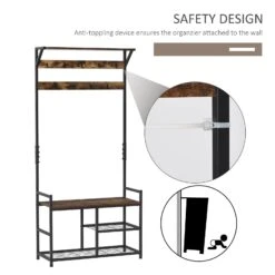 Hallway Tree Bench Organizer With 9 Coat Hooks, Large Sitting Bench And 3 Open Shelves For Entryway, Brown/Black -Home Furniture Shop e7be001a7b6f4477a02b7c374697242b
