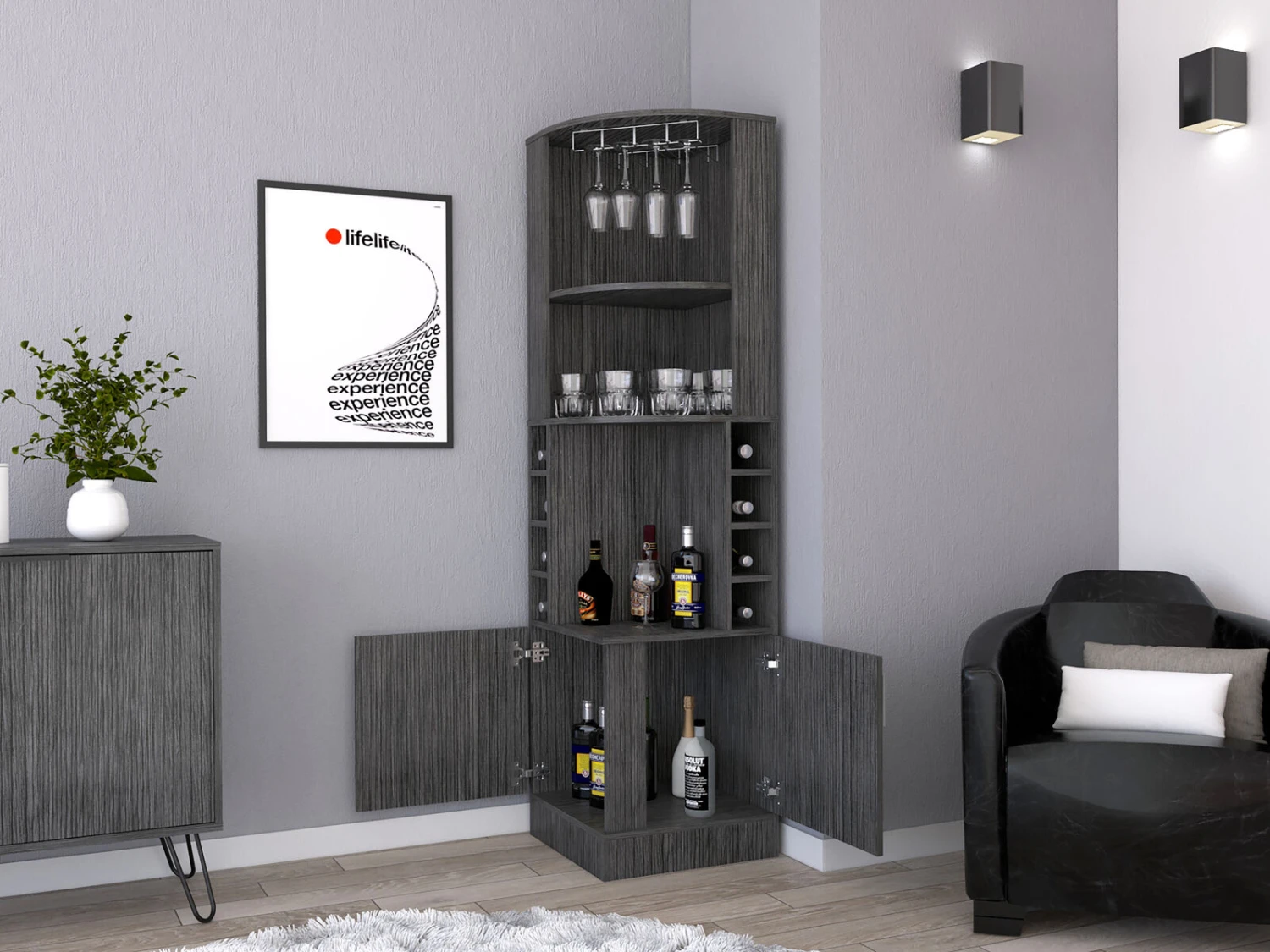 DEPOT E-SHOP Egina Corner Bar Cabinet, Two External Shelves, Smokey Oak 5 DEPOT E-SHOP Egina Corner Bar Cabinet, Two External Shelves, Smokey Oak - Image 3