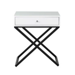 Koda White Wooden End Side Table Nightstand With Glass Top, Drawer And Metal Cross Base