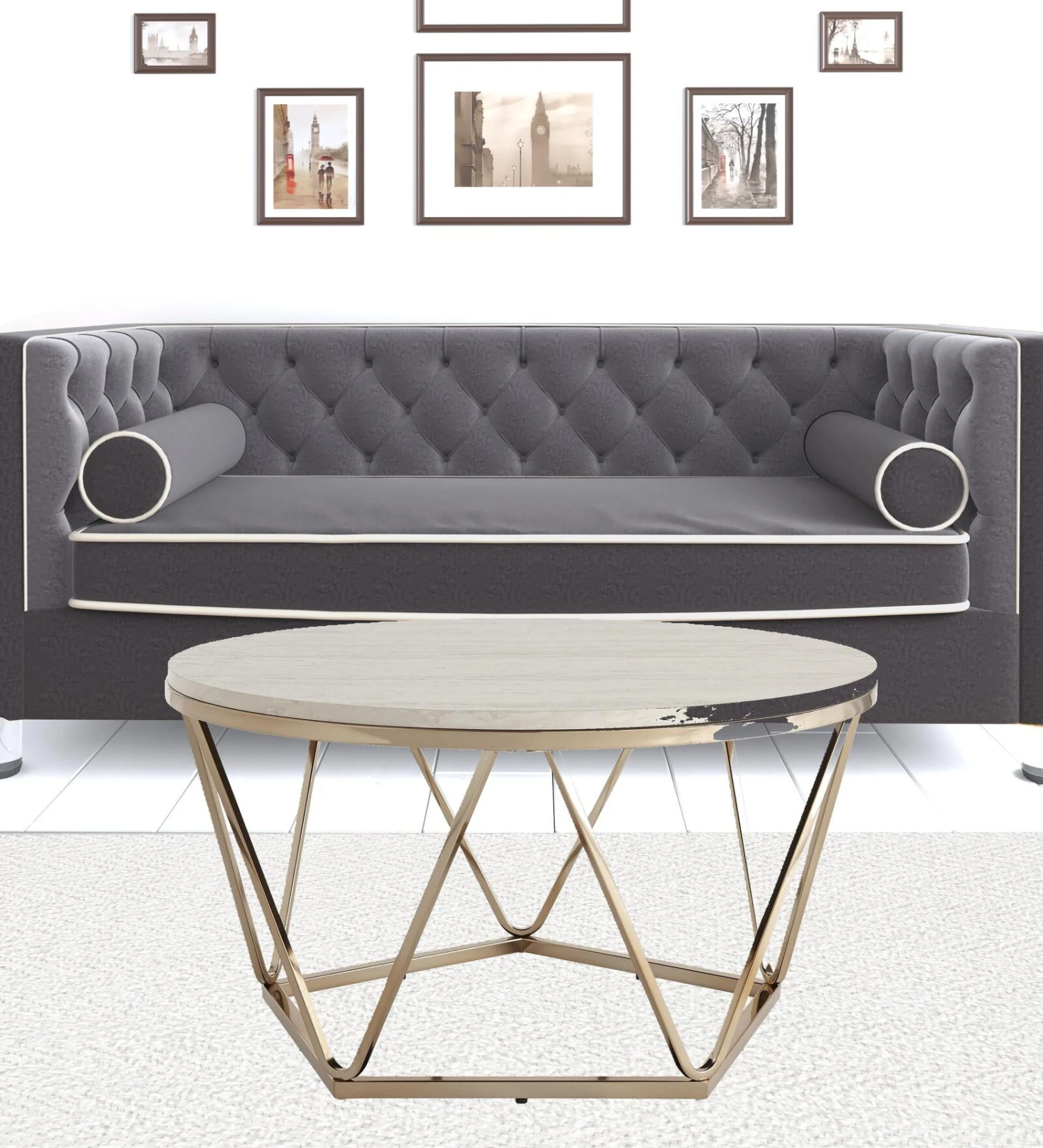 Homezia 33" Champagne Solid Manufactured Wood And Metal Round Coffee Table 9 Homezia 33" Champagne Solid Manufactured Wood And Metal Round Coffee Table - Image 7