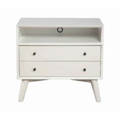 2 Drawer Wooden Nightstand With Open Compartment And Splayed Legs, White-Benzara