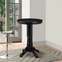 Ava 42 Inch Wood Pub Bar Table, Molded Trim, Carved Pedestal, Black- Benzara -Home Furniture Shop e9315005ebfb4bf88fc6fcfe61bec5e4