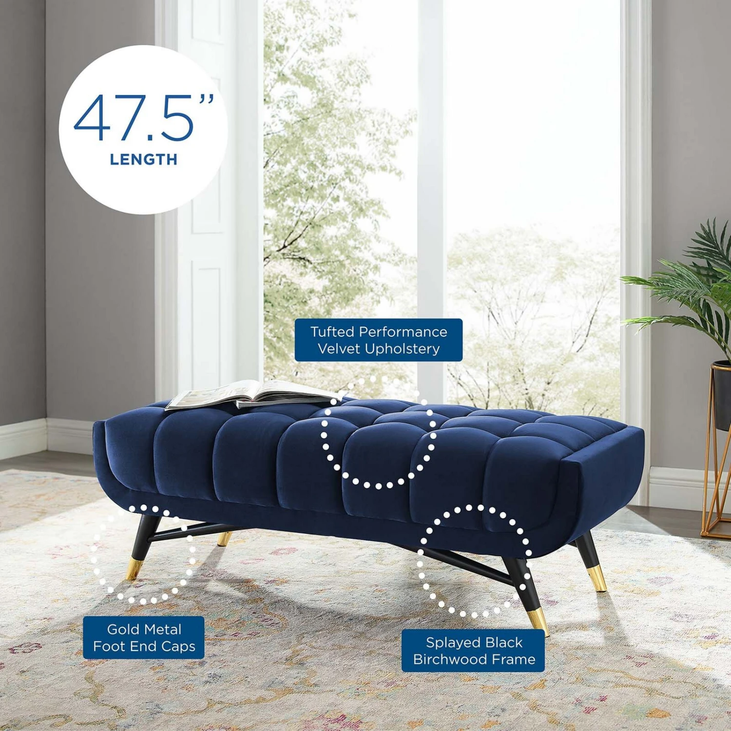 Adept 47.5" Performance Velvet Bench-Benzara 9 Adept 47.5" Performance Velvet Bench-Benzara - Image 7