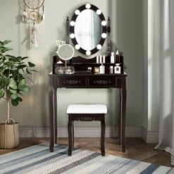Makeup Dressing Table With Touch Switch Lighted Mirror And Cushioned Stool -Home Furniture Shop e97a39dd685c43eca45b942717a0f43a
