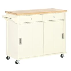 43" Rolling Kitchen Island, Kitchen Storage Cart On Wheels With Sliding Doors, Cabinet, 2 Drawers, And Towel Rack, Cream White