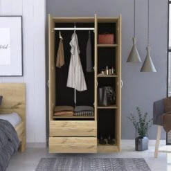 DEPOT E-SHOP Bosko 3 Doors Armoire, Two Drawers, Metal Rod, White -Home Furniture Shop eb5aad839dc54a7b9d7a4d69dd94bd6e