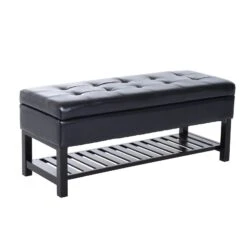 44" Tufted Faux Leather Ottoman Storage Bench With Shoe Rack - Black | Aosom
