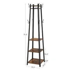 71 Inch Industrial Metal Frame Coat Rack, 3 Wood Shelves, Rustic Brown, Black-Benzara 17 71 Inch Industrial Metal Frame Coat Rack, 3 Wood Shelves, Rustic Brown, Black-Benzara -Home Furniture Shop ee4330fa69cf4b87a226b8eaff730ba2