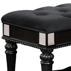 Fabric Padded Bench With Deep Button Tufting And Turned Legs, Black- Benzara -Home Furniture Shop ef1b429ad0da406e991a67cdf9461af4