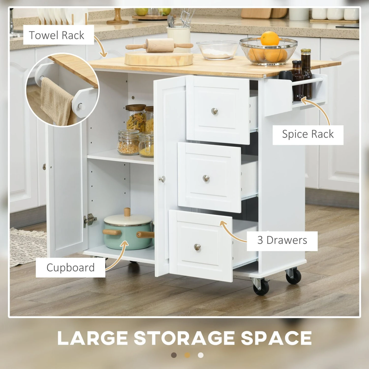 Kitchen Island With Drop Leaf, Rolling Kitchen Cart On Wheels With 3 Drawers, Cabinet, Natural Wood Top, Spice Rack And Towel Rack, White 6 Kitchen Island With Drop Leaf, Rolling Kitchen Cart On Wheels With 3 Drawers, Cabinet, Natural Wood Top, Spice Rack And Towel Rack, White - Image 4