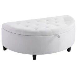 Half Moon Modern Luxurious Polyester Fabric Storage Ottoman Bench With Legs Lift Lid Thick Sponge Pad For Living Room, White