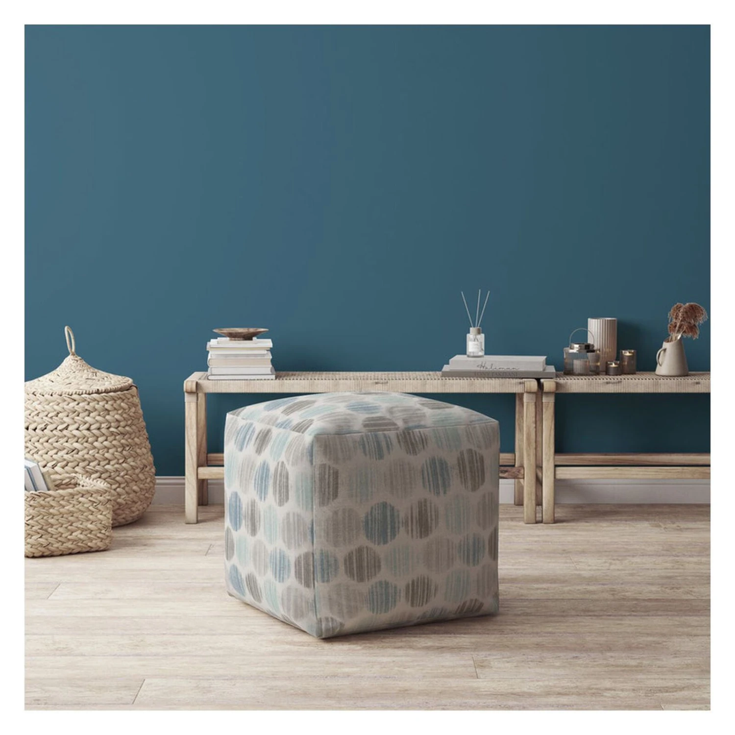 Homezia 17" Blue And Grey Flax Polka Dots Pouf Ottoman 4 Homezia 17" Blue And Grey Flax Polka Dots Pouf Ottoman - Image 2