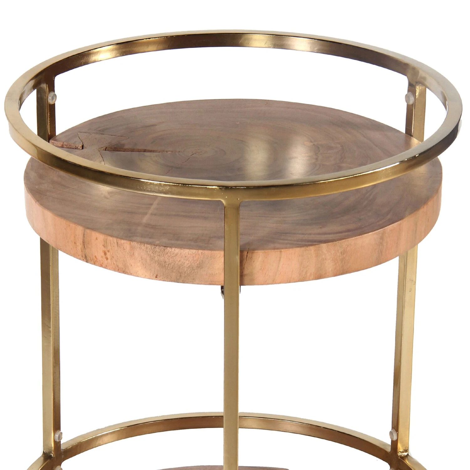 34 Inch 2 Tier Industrial Style Tea And Bar Cart, Live Edge Mango Wood Shelves, Metal Frame, Brown, Brass-Benzara 8 34 Inch 2 Tier Industrial Style Tea And Bar Cart, Live Edge Mango Wood Shelves, Metal Frame, Brown, Brass-Benzara - Image 6