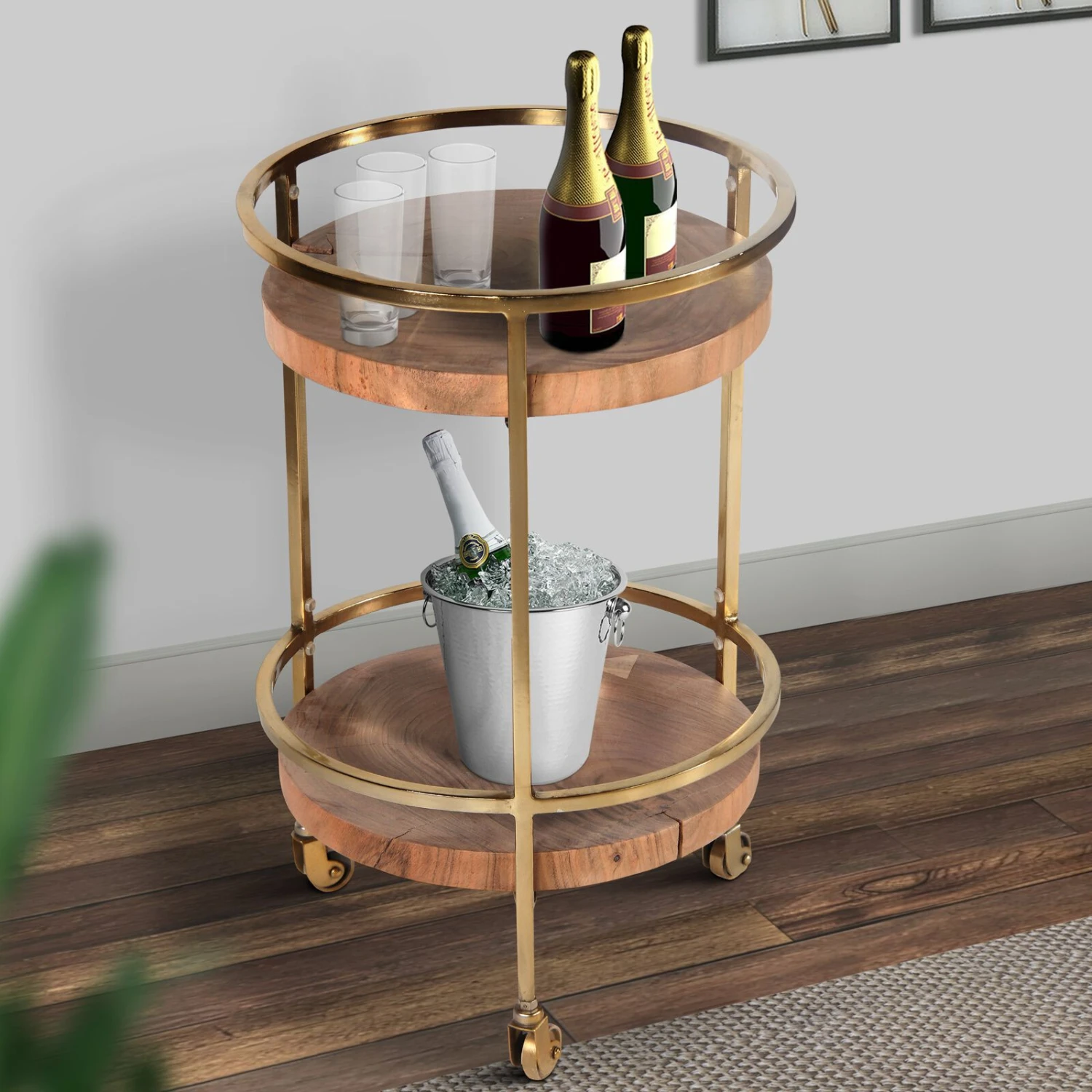 34 Inch 2 Tier Industrial Style Tea And Bar Cart, Live Edge Mango Wood Shelves, Metal Frame, Brown, Brass-Benzara 12 34 Inch 2 Tier Industrial Style Tea And Bar Cart, Live Edge Mango Wood Shelves, Metal Frame, Brown, Brass-Benzara - Image 10