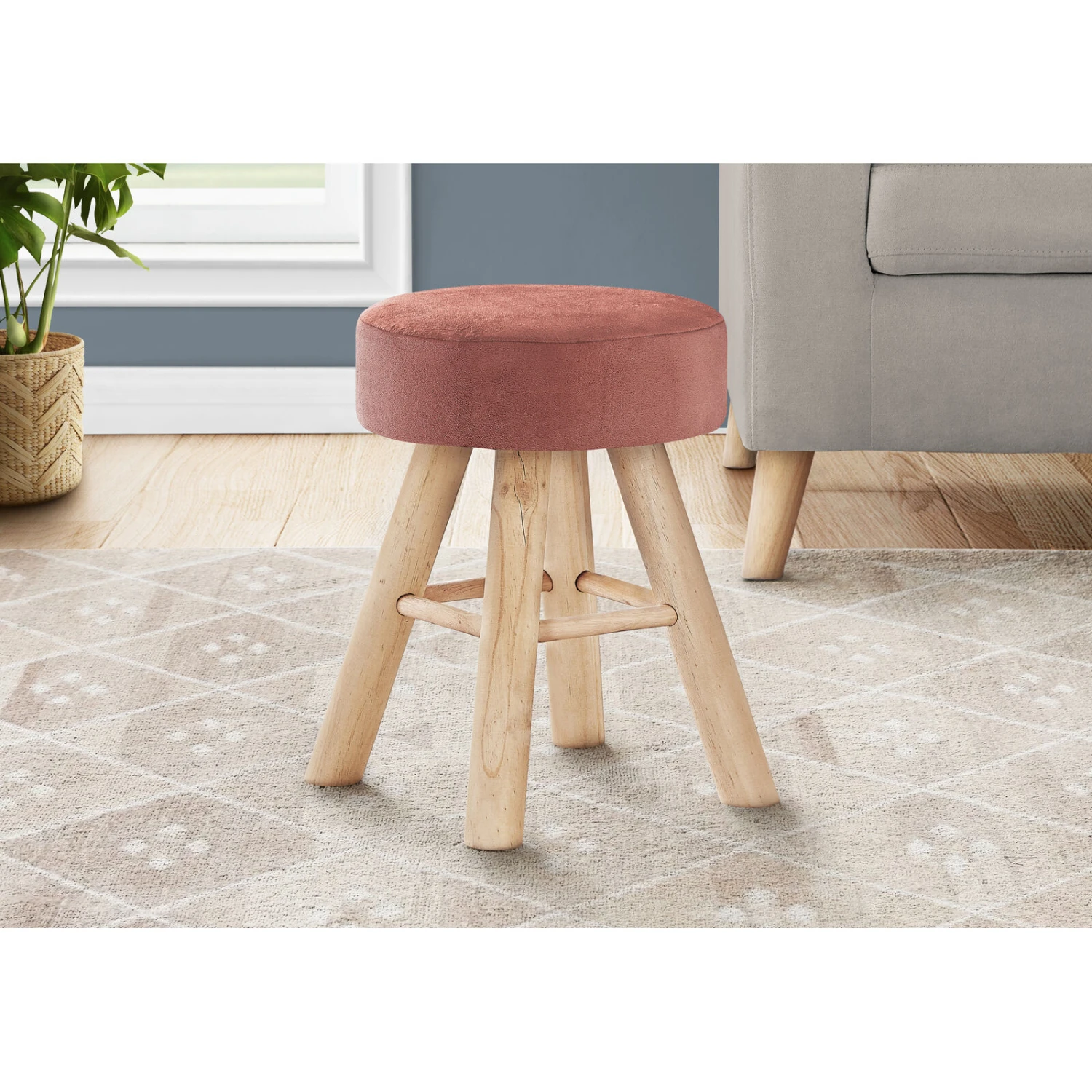 Monarch Specialties I 9007 Ottoman, Pouf, Footrest, Foot Stool, 12" Round, Velvet, Wood Legs, Contemporary, Modern 4 Monarch Specialties I 9007 Ottoman, Pouf, Footrest, Foot Stool, 12" Round, Velvet, Wood Legs, Contemporary, Modern - Image 2