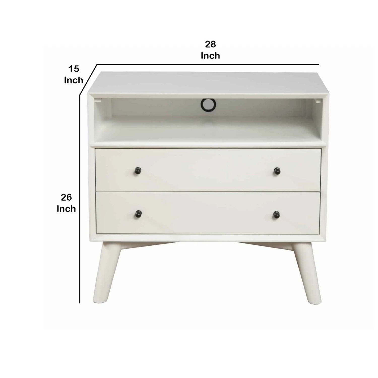 2 Drawer Wooden Nightstand With Open Compartment And Splayed Legs, White-Benzara 7 2 Drawer Wooden Nightstand With Open Compartment And Splayed Legs, White-Benzara - Image 5