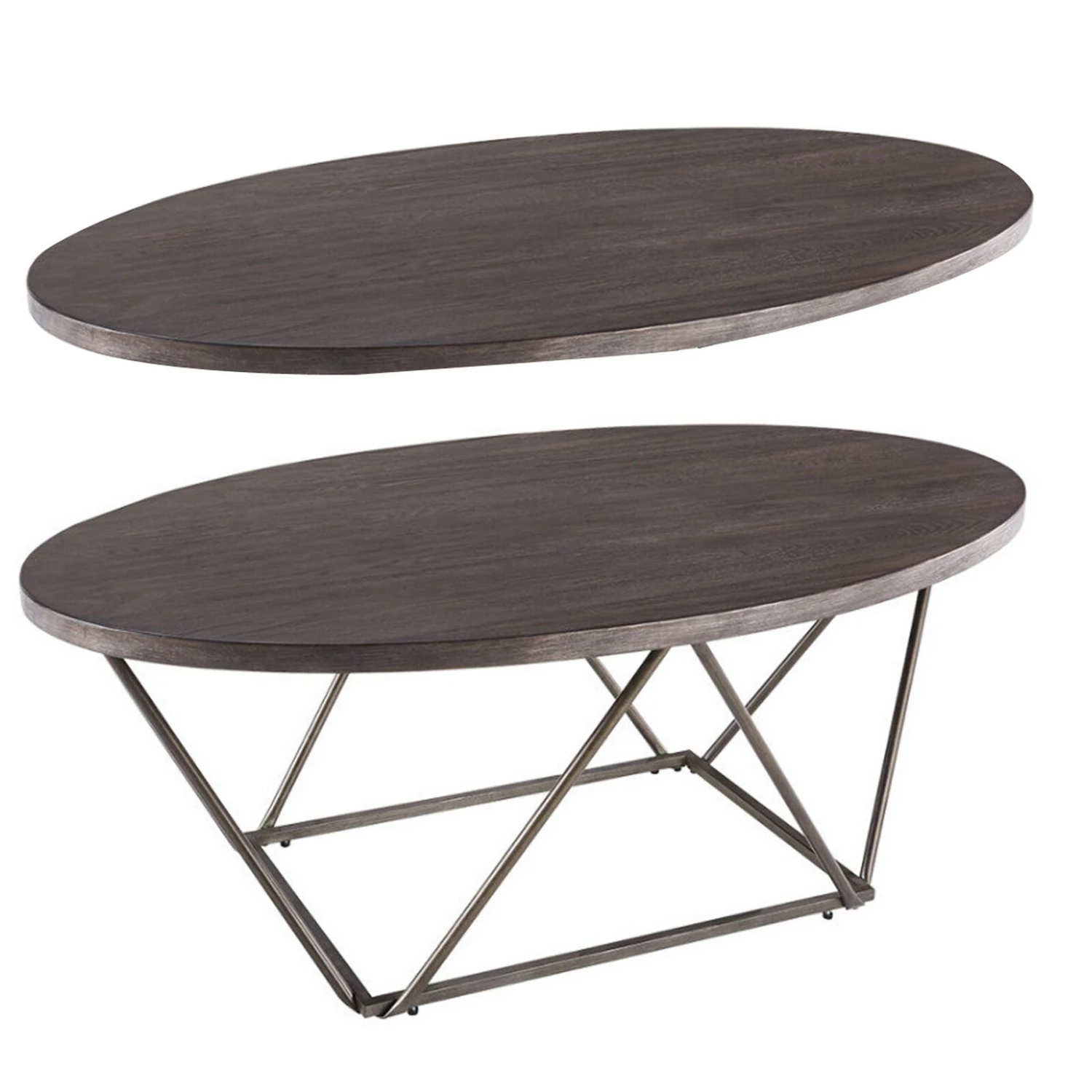 Elm Wood Table Set With Bridge Truss Metal Base, Set Of Three, Brown And Gray-Benzara 4 Elm Wood Table Set With Bridge Truss Metal Base, Set Of Three, Brown And Gray-Benzara - Image 2