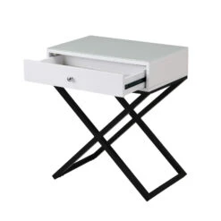 Koda White Wooden End Side Table Nightstand With Glass Top, Drawer And Metal Cross Base -Home Furniture Shop fe482a860953449fabcf68fc4d99a67e